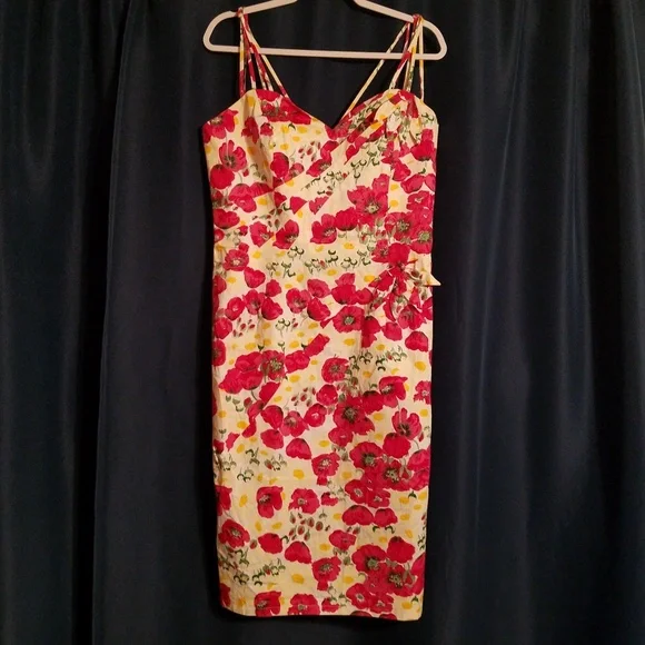 Unique Vintage Red Floral Midi Dress - Picture 1 of 6
